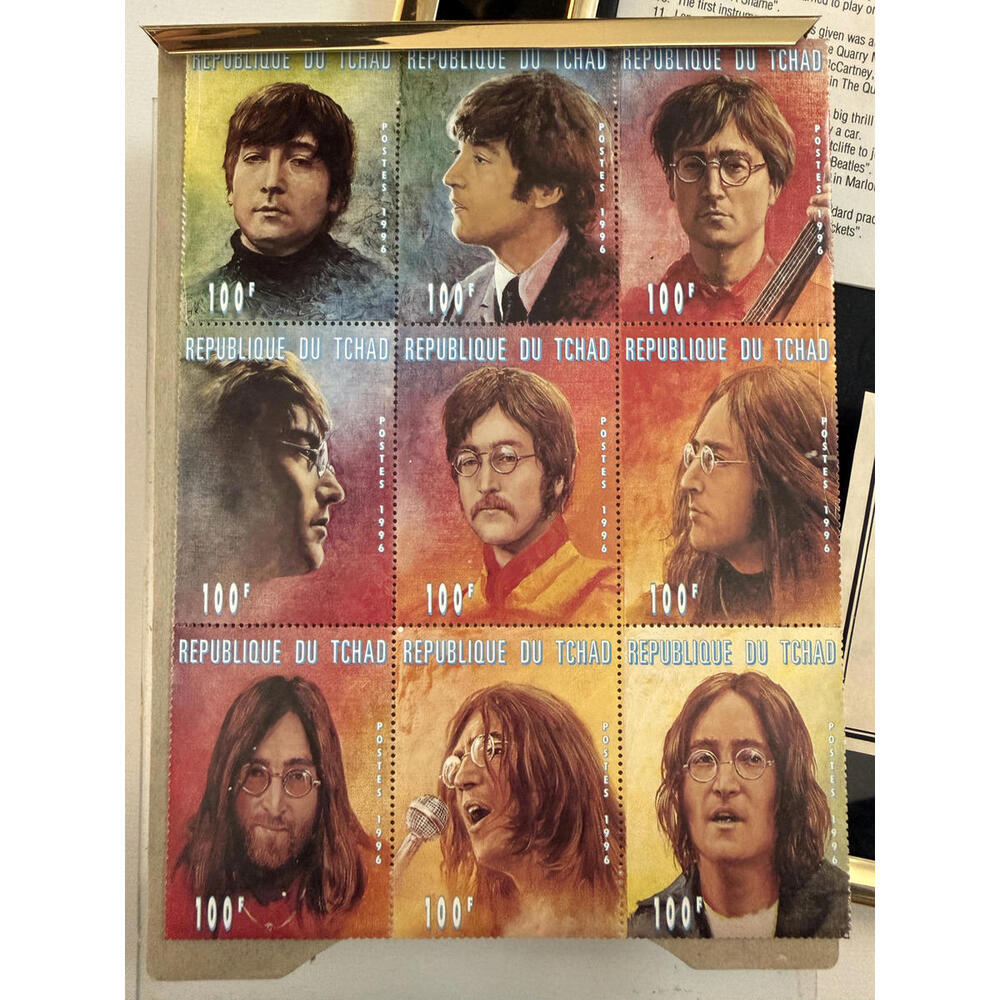 RARE John Lennon Ephemera - Chad 9-Stamp Plate + Frame + COA
